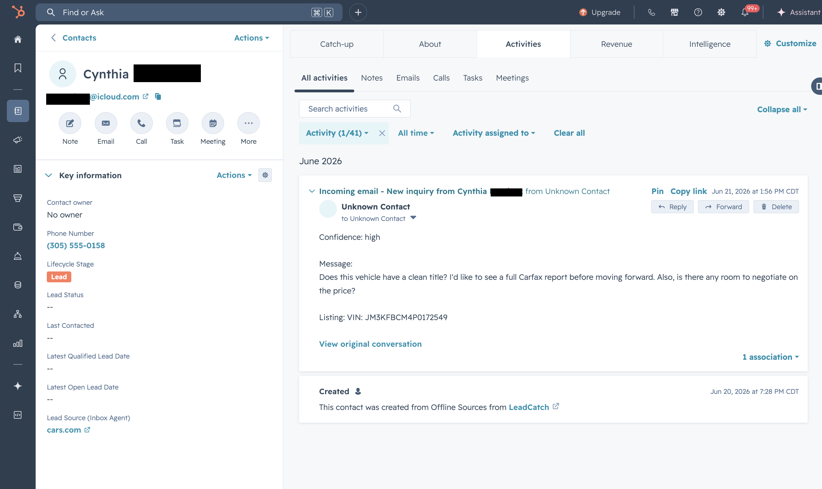 A HubSpot contact record created by LeadCatch, showing the lead's name and phone number, a Lead source of cars.com, and an incoming-email activity with the inquiry message, confidence, and listing VIN